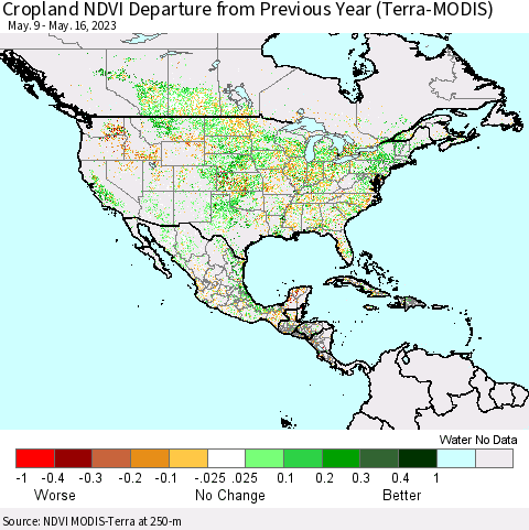 North America Cropland NDVI Departure from Previous Year (Terra-MODIS) Thematic Map For 5/9/2023 - 5/16/2023