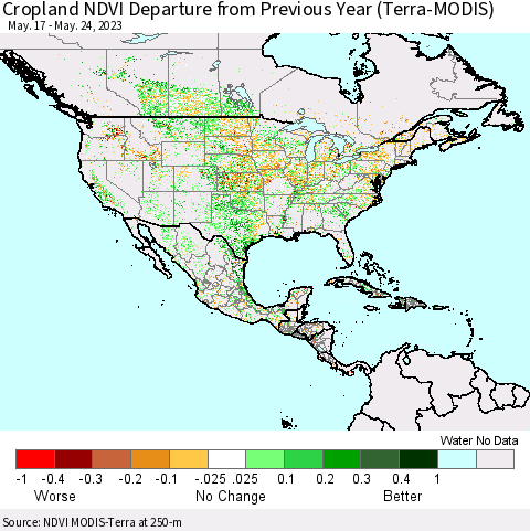 North America Cropland NDVI Departure from Previous Year (Terra-MODIS) Thematic Map For 5/17/2023 - 5/24/2023