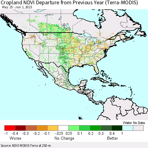 North America Cropland NDVI Departure from Previous Year (Terra-MODIS) Thematic Map For 5/25/2023 - 6/1/2023