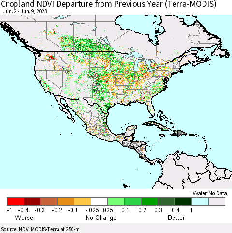 North America Cropland NDVI Departure from Previous Year (Terra-MODIS) Thematic Map For 6/2/2023 - 6/9/2023