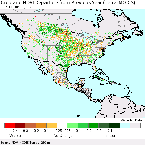North America Cropland NDVI Departure from Previous Year (Terra-MODIS) Thematic Map For 6/10/2023 - 6/17/2023