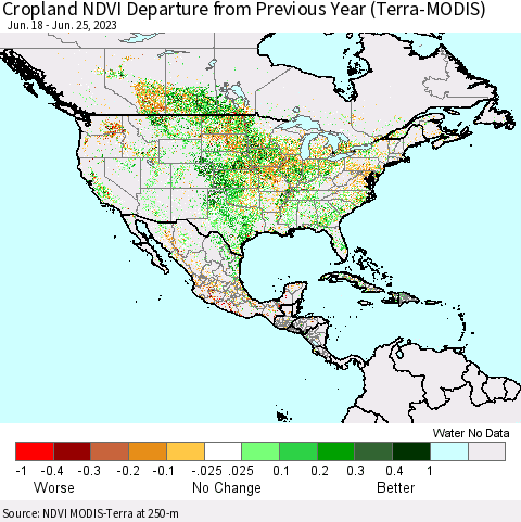 North America Cropland NDVI Departure from Previous Year (Terra-MODIS) Thematic Map For 6/18/2023 - 6/25/2023