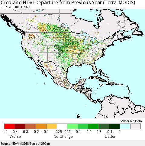 North America Cropland NDVI Departure from Previous Year (Terra-MODIS) Thematic Map For 6/26/2023 - 7/3/2023