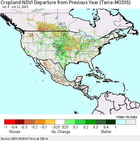 North America Cropland NDVI Departure from Previous Year (Terra-MODIS) Thematic Map For 7/4/2023 - 7/11/2023
