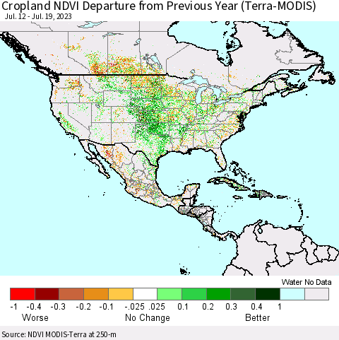 North America Cropland NDVI Departure from Previous Year (Terra-MODIS) Thematic Map For 7/12/2023 - 7/19/2023