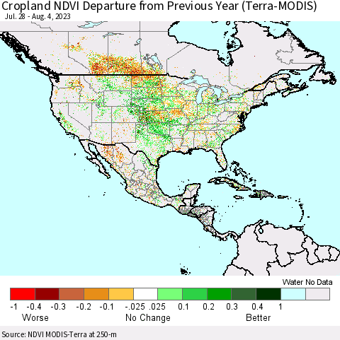 North America Cropland NDVI Departure from Previous Year (Terra-MODIS) Thematic Map For 7/28/2023 - 8/4/2023