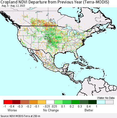 North America Cropland NDVI Departure from Previous Year (Terra-MODIS) Thematic Map For 8/5/2023 - 8/12/2023