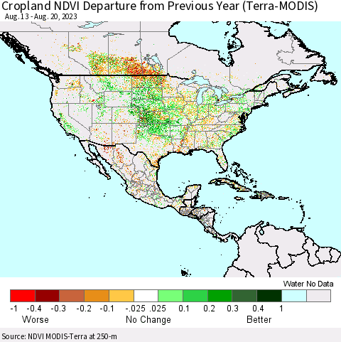 North America Cropland NDVI Departure from Previous Year (Terra-MODIS) Thematic Map For 8/13/2023 - 8/20/2023