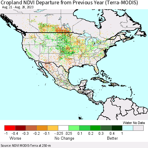 North America Cropland NDVI Departure from Previous Year (Terra-MODIS) Thematic Map For 8/21/2023 - 8/28/2023