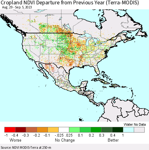 North America Cropland NDVI Departure from Previous Year (Terra-MODIS) Thematic Map For 8/29/2023 - 9/5/2023