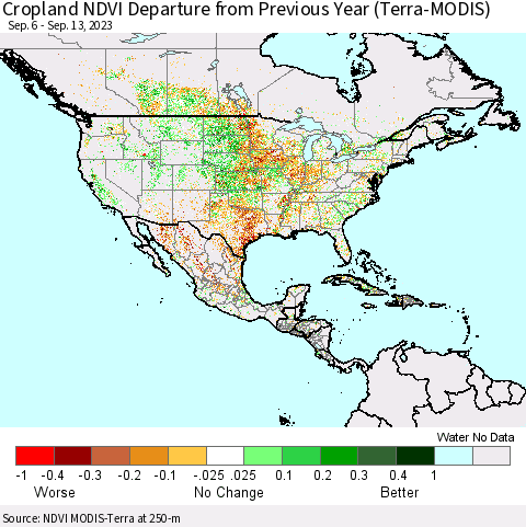 North America Cropland NDVI Departure from Previous Year (Terra-MODIS) Thematic Map For 9/6/2023 - 9/13/2023