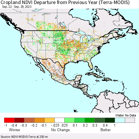 North America Cropland NDVI Departure from Previous Year (Terra-MODIS) Thematic Map For 9/22/2023 - 9/29/2023