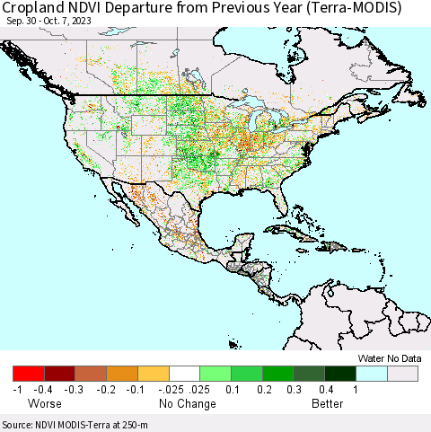 North America Cropland NDVI Departure from Previous Year (Terra-MODIS) Thematic Map For 9/30/2023 - 10/7/2023