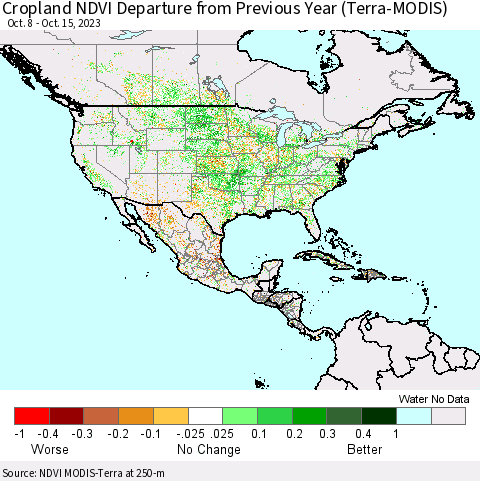 North America Cropland NDVI Departure from Previous Year (Terra-MODIS) Thematic Map For 10/8/2023 - 10/15/2023