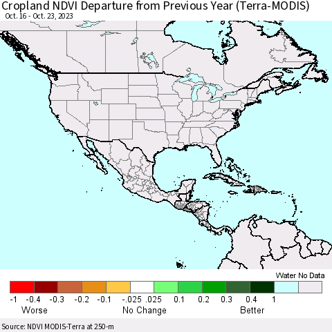 North America Cropland NDVI Departure from Previous Year (Terra-MODIS) Thematic Map For 10/16/2023 - 10/23/2023