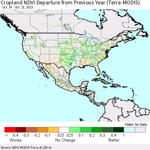 North America Cropland NDVI Departure from Previous Year (Terra-MODIS) Thematic Map For 10/24/2023 - 10/31/2023