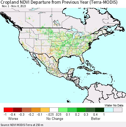 North America Cropland NDVI Departure from Previous Year (Terra-MODIS) Thematic Map For 11/1/2023 - 11/8/2023