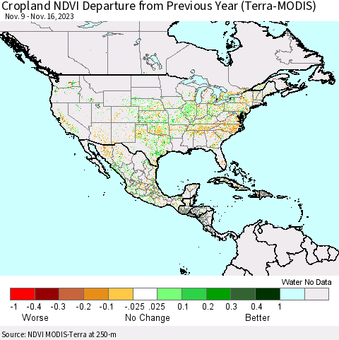 North America Cropland NDVI Departure from Previous Year (Terra-MODIS) Thematic Map For 11/9/2023 - 11/16/2023