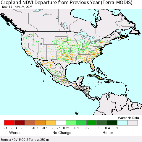 North America Cropland NDVI Departure from Previous Year (Terra-MODIS) Thematic Map For 11/17/2023 - 11/24/2023