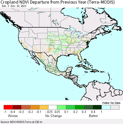North America Cropland NDVI Departure from Previous Year (Terra-MODIS) Thematic Map For 12/3/2023 - 12/10/2023