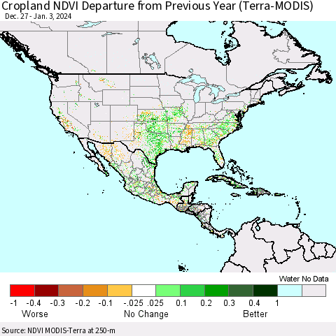 North America Cropland NDVI Departure from Previous Year (Terra-MODIS) Thematic Map For 12/27/2023 - 1/3/2024