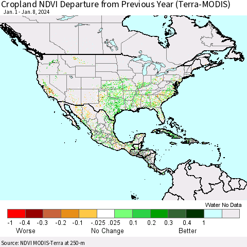 North America Cropland NDVI Departure from Previous Year (Terra-MODIS) Thematic Map For 1/1/2024 - 1/8/2024