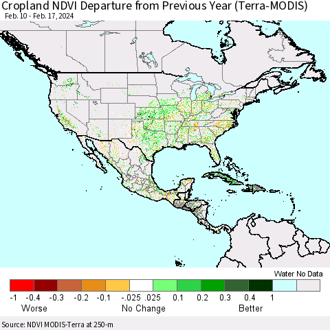 North America Cropland NDVI Departure from Previous Year (Terra-MODIS) Thematic Map For 2/10/2024 - 2/17/2024