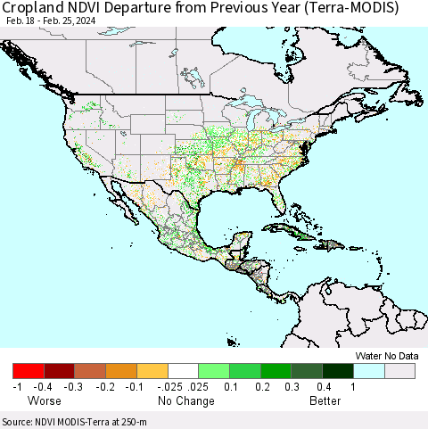 North America Cropland NDVI Departure from Previous Year (Terra-MODIS) Thematic Map For 2/18/2024 - 2/25/2024