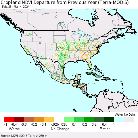 North America Cropland NDVI Departure from Previous Year (Terra-MODIS) Thematic Map For 2/26/2024 - 3/4/2024