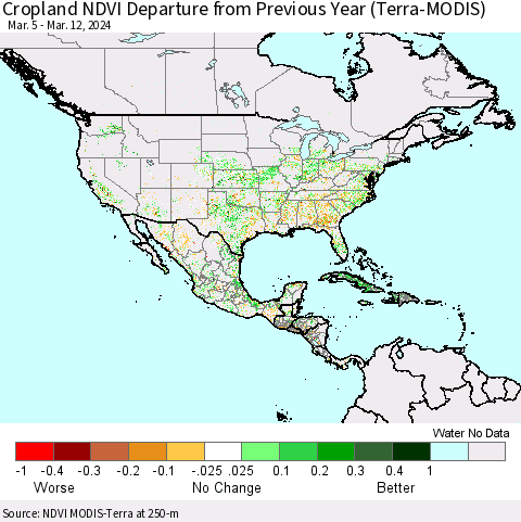 North America Cropland NDVI Departure from Previous Year (Terra-MODIS) Thematic Map For 3/5/2024 - 3/12/2024