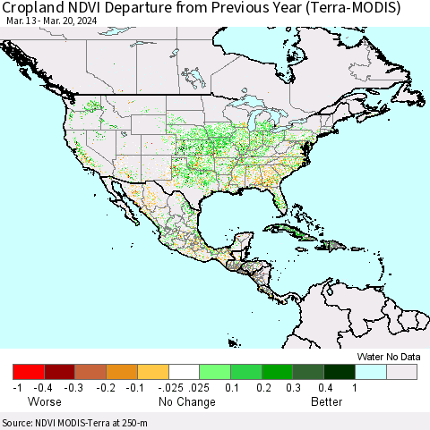 North America Cropland NDVI Departure from Previous Year (Terra-MODIS) Thematic Map For 3/13/2024 - 3/20/2024