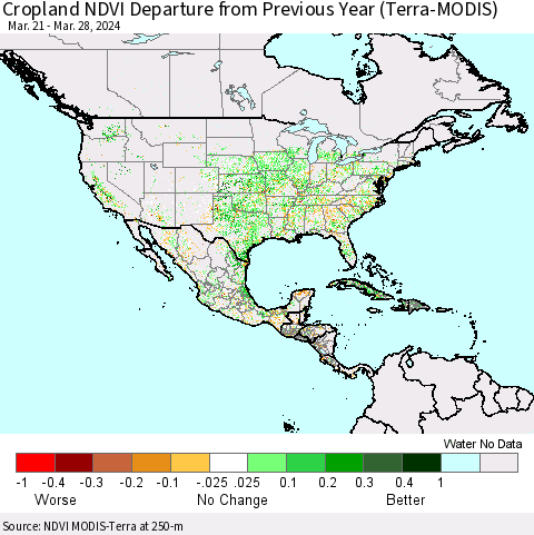 North America Cropland NDVI Departure from Previous Year (Terra-MODIS) Thematic Map For 3/21/2024 - 3/28/2024