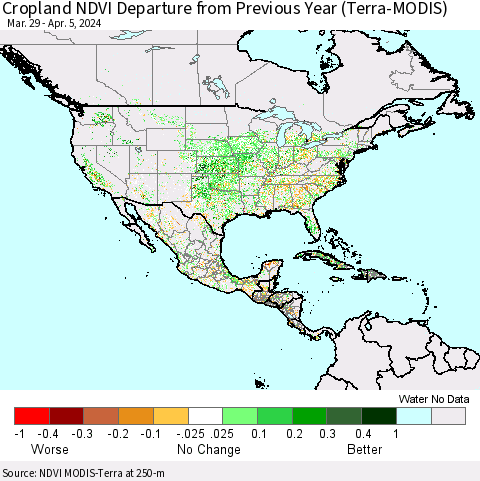 North America Cropland NDVI Departure from Previous Year (Terra-MODIS) Thematic Map For 3/29/2024 - 4/5/2024