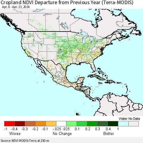 North America Cropland NDVI Departure from Previous Year (Terra-MODIS) Thematic Map For 4/6/2024 - 4/13/2024