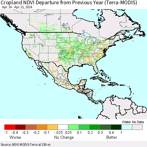 North America Cropland NDVI Departure from Previous Year (Terra-MODIS) Thematic Map For 4/14/2024 - 4/21/2024