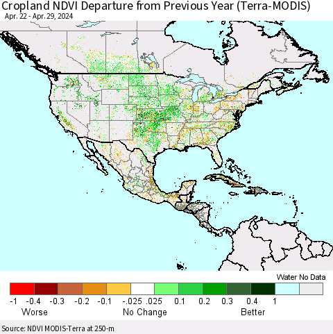 North America Cropland NDVI Departure from Previous Year (Terra-MODIS) Thematic Map For 4/22/2024 - 4/29/2024