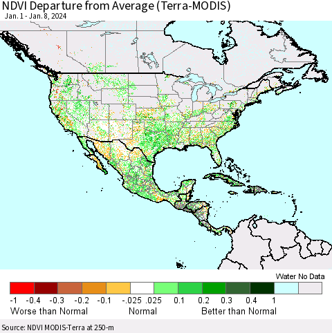 North America NDVI Departure from Average (Terra-MODIS) Thematic Map For 1/1/2024 - 1/8/2024