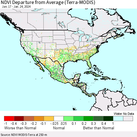 North America NDVI Departure from Average (Terra-MODIS) Thematic Map For 1/17/2024 - 1/24/2024