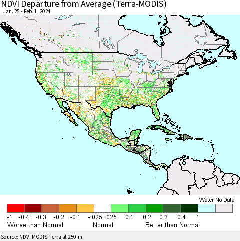 North America NDVI Departure from Average (Terra-MODIS) Thematic Map For 1/25/2024 - 2/1/2024