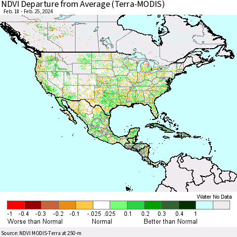 North America NDVI Departure from Average (Terra-MODIS) Thematic Map For 2/18/2024 - 2/25/2024