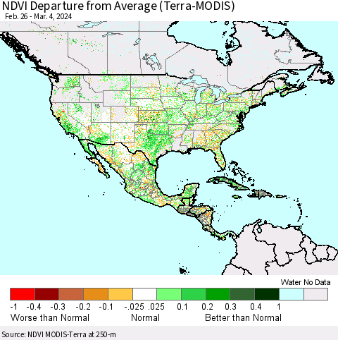 North America NDVI Departure from Average (Terra-MODIS) Thematic Map For 2/26/2024 - 3/4/2024