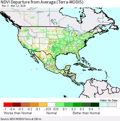 North America NDVI Departure from Average (Terra-MODIS) Thematic Map For 3/5/2024 - 3/12/2024