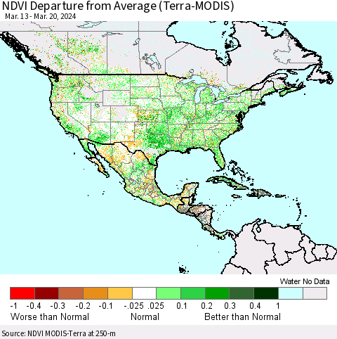 North America NDVI Departure from Average (Terra-MODIS) Thematic Map For 3/13/2024 - 3/20/2024
