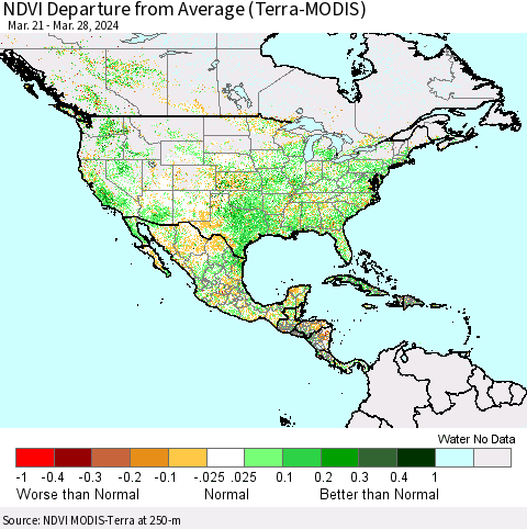 North America NDVI Departure from Average (Terra-MODIS) Thematic Map For 3/21/2024 - 3/28/2024