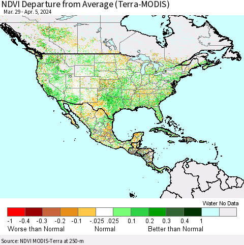 North America NDVI Departure from Average (Terra-MODIS) Thematic Map For 3/29/2024 - 4/5/2024