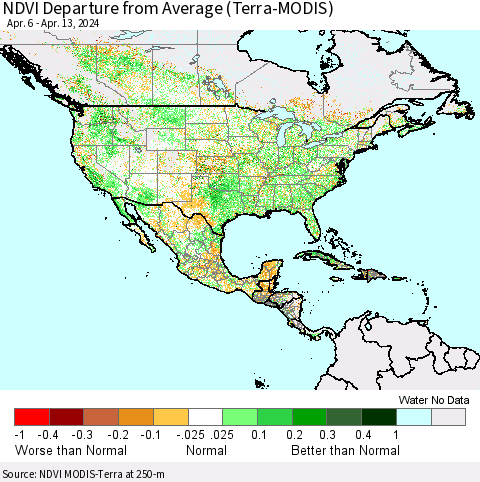 North America NDVI Departure from Average (Terra-MODIS) Thematic Map For 4/6/2024 - 4/13/2024
