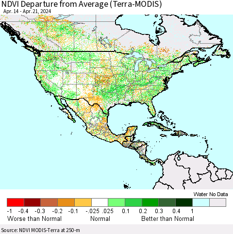 North America NDVI Departure from Average (Terra-MODIS) Thematic Map For 4/14/2024 - 4/21/2024