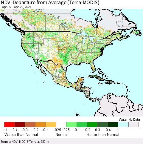 North America NDVI Departure from Average (Terra-MODIS) Thematic Map For 4/22/2024 - 4/29/2024