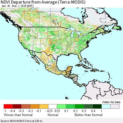 North America NDVI Departure from Average (Terra-MODIS) Thematic Map For 4/30/2024 - 5/7/2024