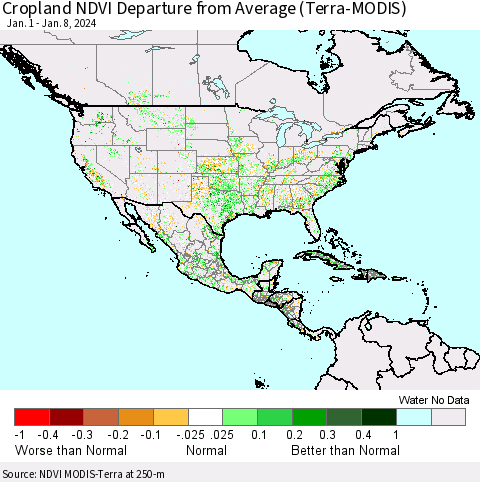 North America Cropland NDVI Departure from Average (Terra-MODIS) Thematic Map For 1/1/2024 - 1/8/2024